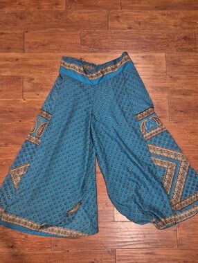 Women’s Sz S/M Turquoise Print Indian Pants Cozy Wedding Date Nyfw Bollywood